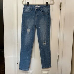 Oak & Poppy Distressed Rhinestone Embellished Tapered Leg Ankle Jeans